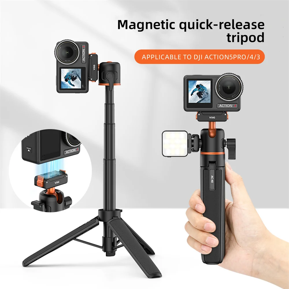 VRIG Magnetic Tripod for DJI Osmo Action 6 5 4 3 Adjustable Selfie Stick Stand Action Camera Accessories w 360 BallHead&ColdShoe