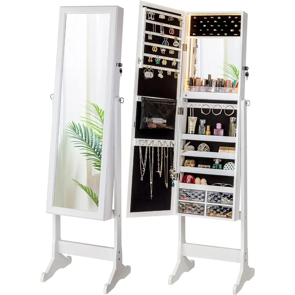 

LED Light Standing Jewelry Cabinet Armoire, Full Length Mirror with Storage, Lockable Large Storage Jewelry Organizer