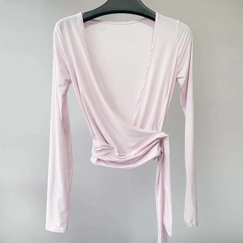 Wrap Top Long Sleeve Yoga Shirts  Cross Wrap Tie Crop Tops  Fitness Shirts Woman Workout Ballet Gym Active