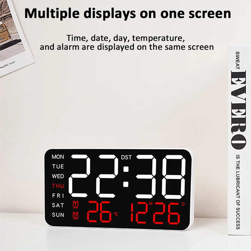 Digital Alarm Clock with Led Temp Week Display Silent & Non-Ticking Wall Clock 5-Level Adjustable Brightness Dimmer for Bedroom