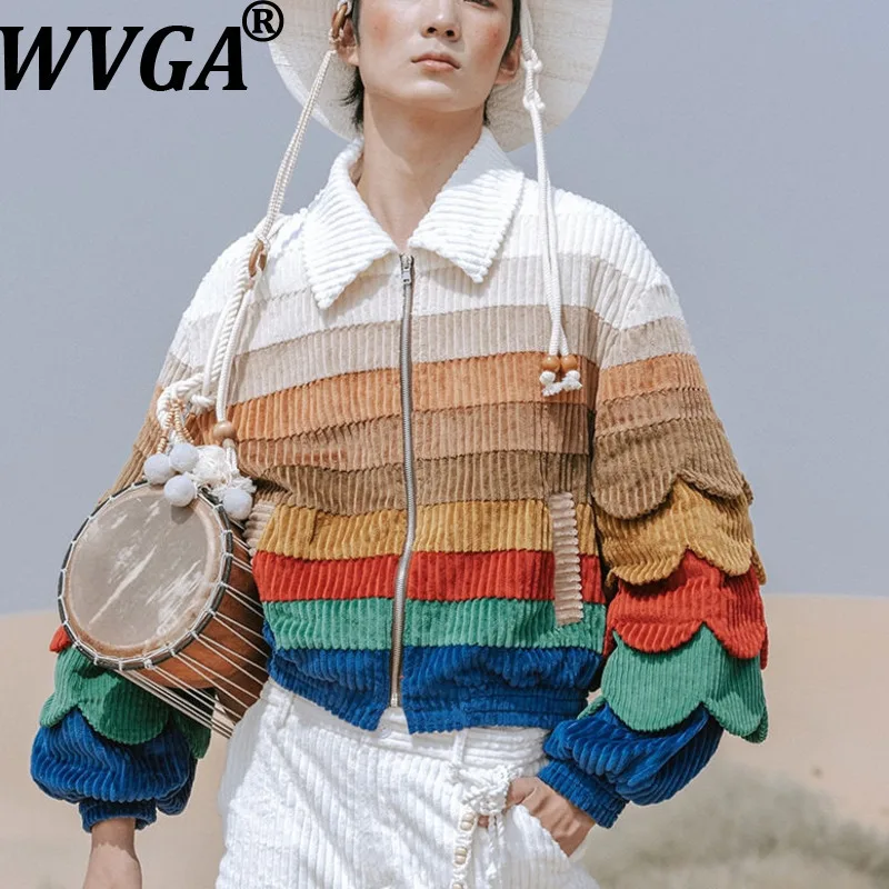 

WVGA Spring Autumn New Men Rainbow Patchwork Trendy Turn-Down Collar Jackets Niche Chic Casual Striped Long Sleeved Coats W17490