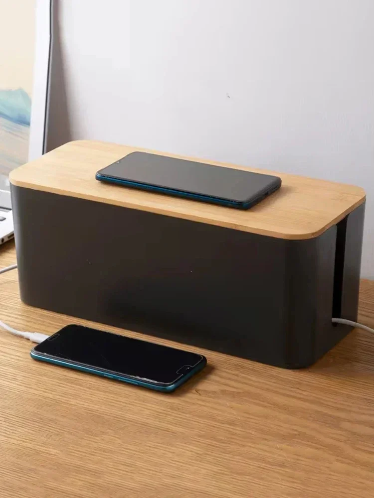 Caixa de armazenamento de cabo à prova de poeira com tampa de madeira caixa de armazenamento de soquete de carregador de plástico anti-vazamento caixas de corda de energia organizador doméstico