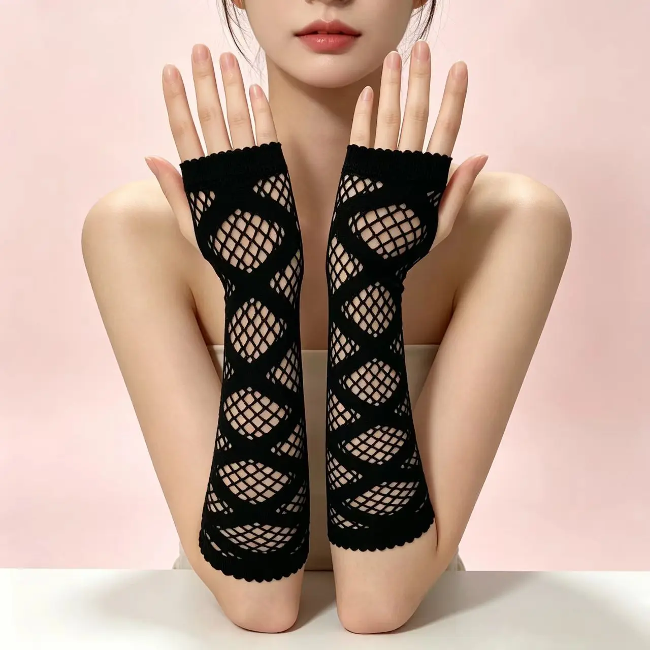 Long Mesh Gloves Hollow Out Diamond Lattice Punk Gothic Cos Accessory Long Gloves