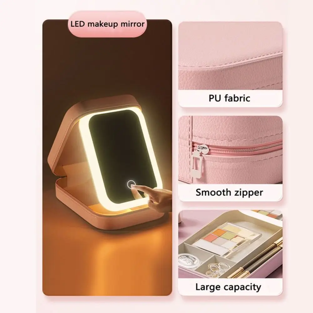 Portable LED Makeup Bag with Mirror 3 Colors Lighting Multi-Compartment Makeup Storage Box Travel Cosmetic Mirror Case
