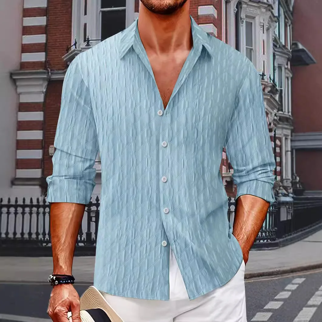 

Plaid Single-breasted Men's Jacquard Lapel Long Sleeve Shirt