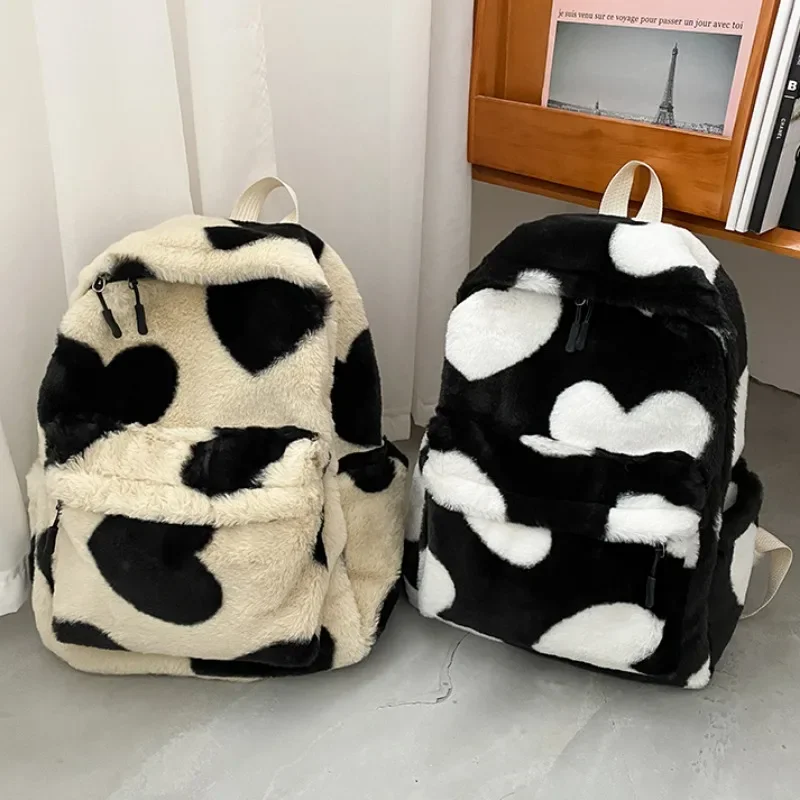 Doce Memória Coração De Pelúcia Mochila Dos Desenhos Animados, Cute Fur Mochilas para Meninas, Crianças Mochilas Escolares, Presente Kids, Saco de livro