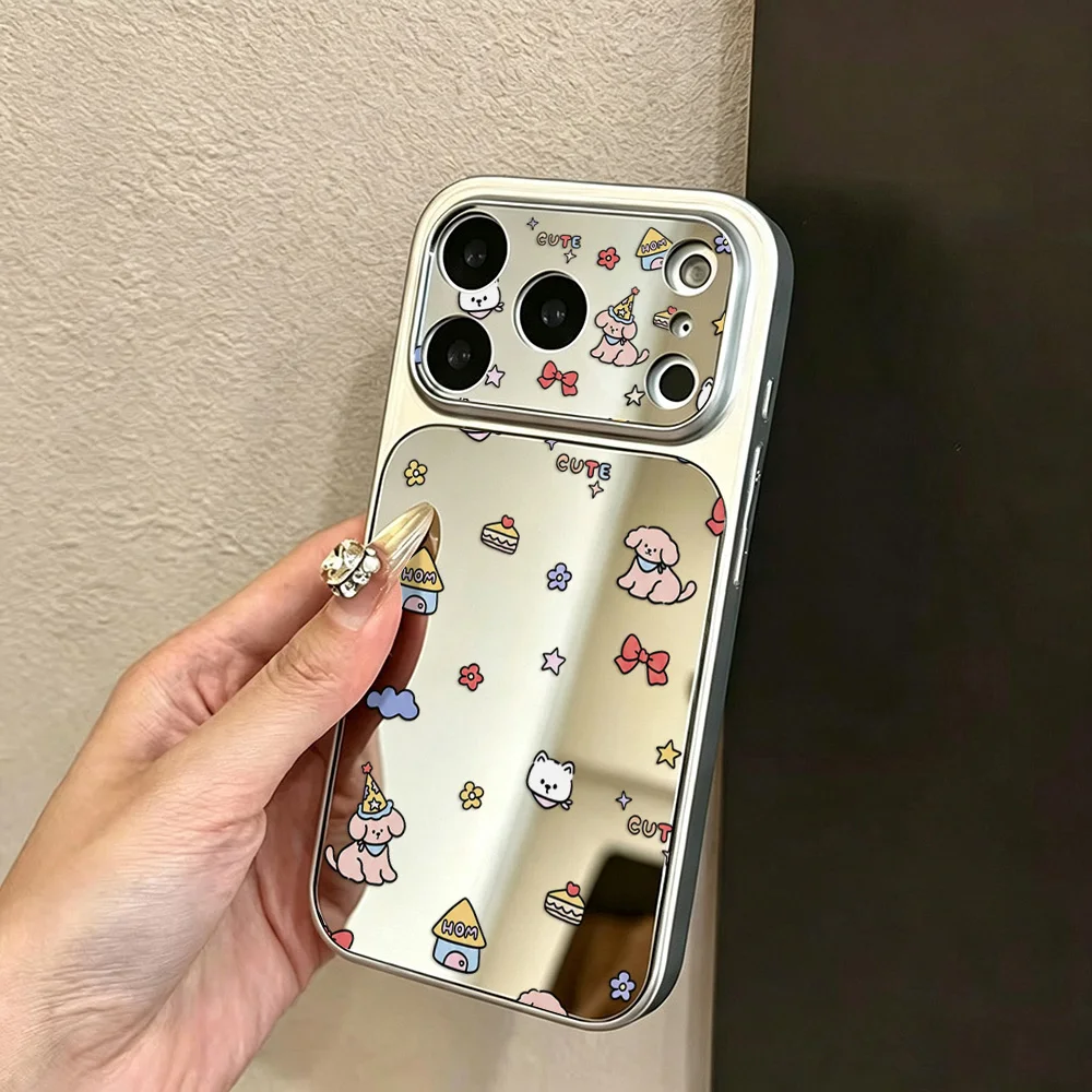 Niedliche Welpen-Spiegel-Handyhülle für iPhone 17 Pro Max, iPhone 18, 12, 11, 13, 14, 15, 16 Pro Max, große Fenster-Make-up-Spiegelhülle