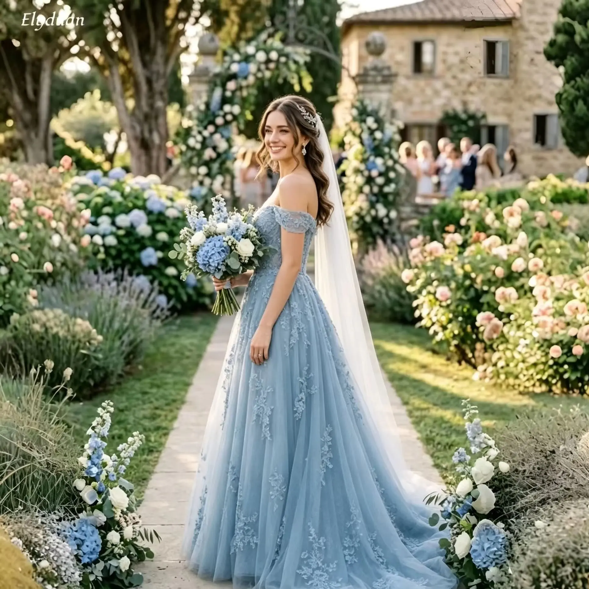 Fairy Pale Blue Tulle Boho Wedding Dress Off Shoulder Sweetheart Neck Lace Appliques A Line Garden Forest Bridal Gown Customized