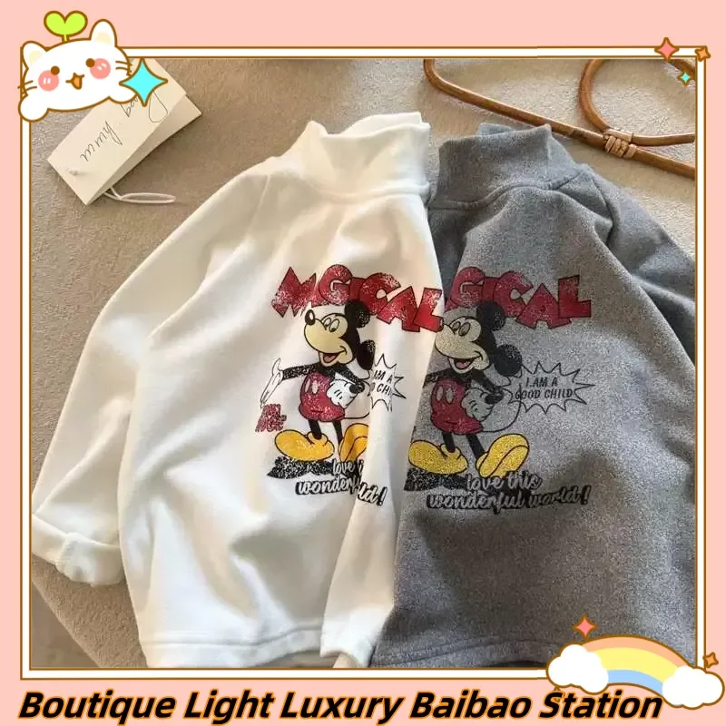 

Детская футболка с длинными рукавами Микки Маус, воротник средней высоты, базовый слой, внутренняя одежда, модный универсальный топ с мультяшной анимацией