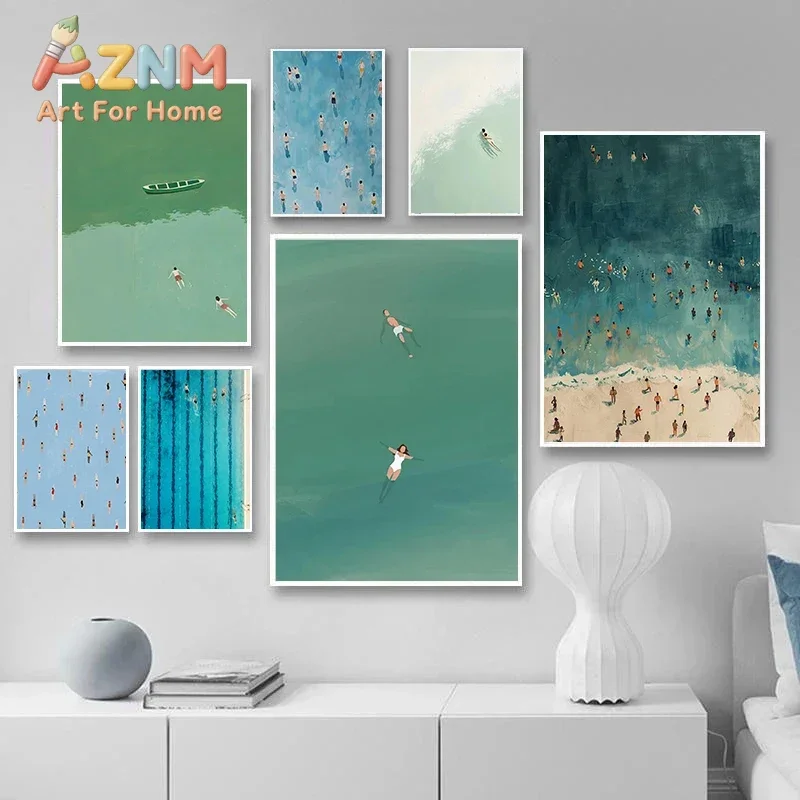 Minimalist Abstract Surrealism Light Green Seawater Swimming Art Poster Canvas Printing Living Room Bedroom Home Decoration