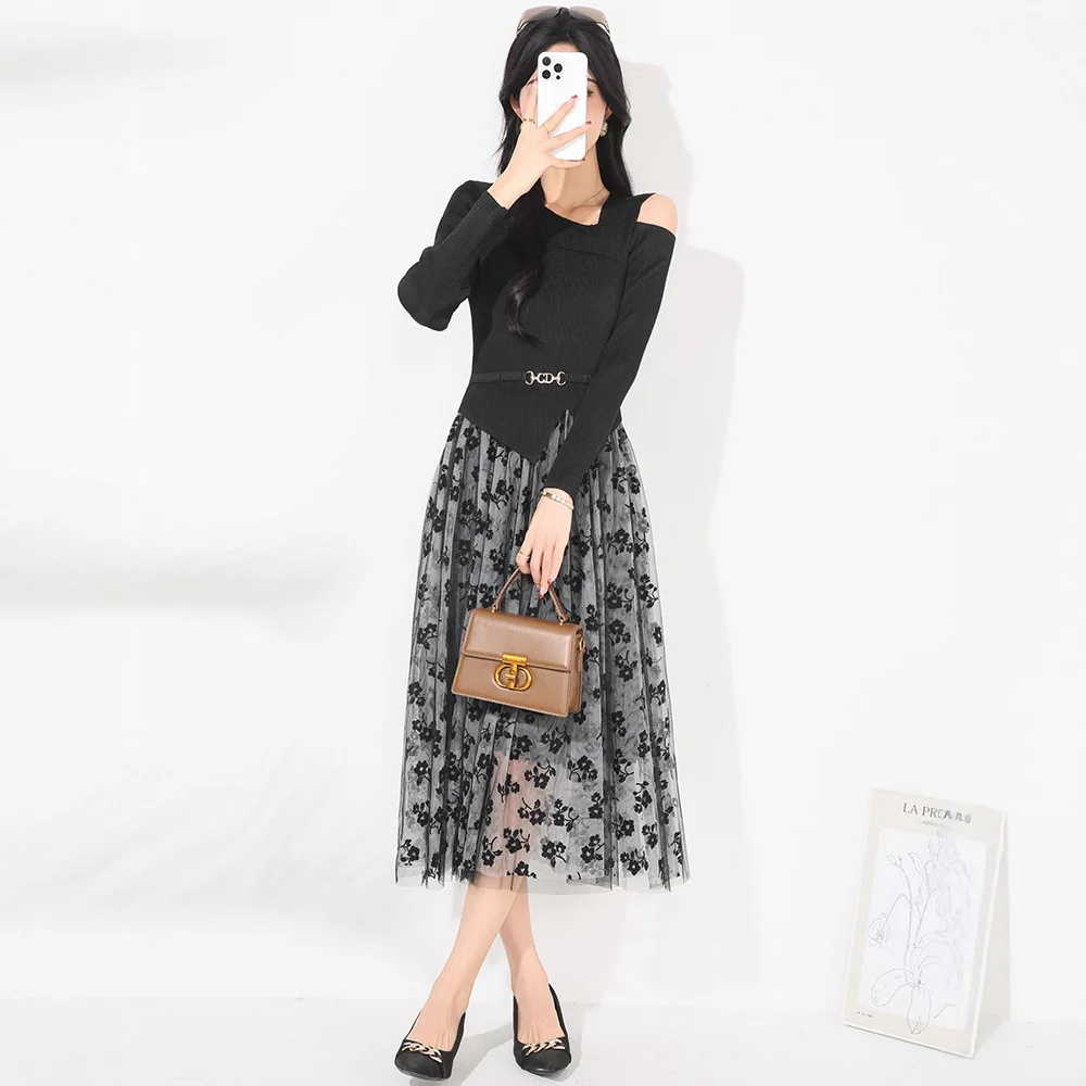 Miyake Plooien Jurk Nieuwe Vrouwen Losse Dunne Hoge Aantal Modellen Gedrapeerde Splicing Lange mouwen Bloemen Mesh Geplooide Jurk