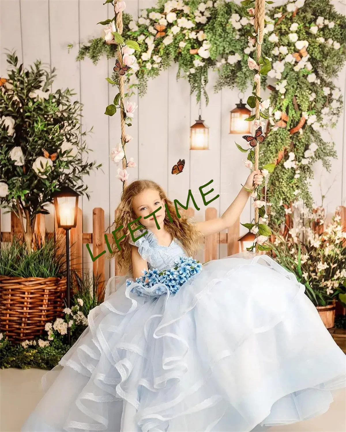 Robe à fleurs bleu clair pour filles, jupe en tulle organza, à volants, robe de Rhde princesse, à fleurs antillon antes, pour enfants