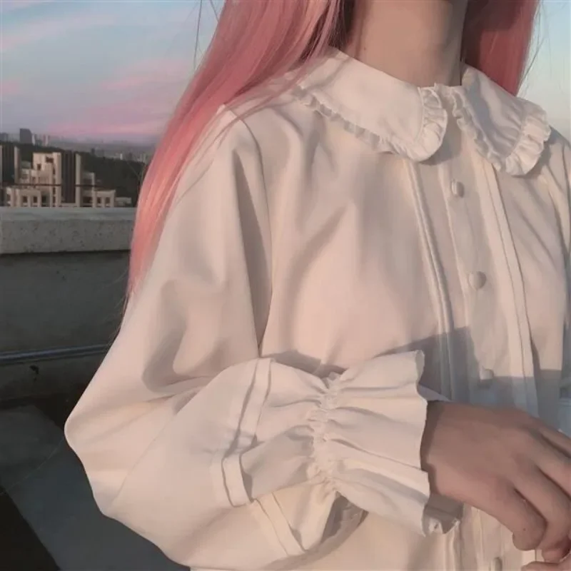 

Lolita Shirt Women White Elegant Preppy Style Blouses Cute Peter Pan Collar Ruffle JK Shirts Y2k Girls Chic Tunics Blusas Mujer