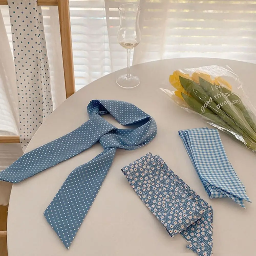 

Polka Dot Light Blue Series Hair Band Plaid Flower Ribbon Braids Headband Korean Style Dressing Decoration Long Neck Scarves