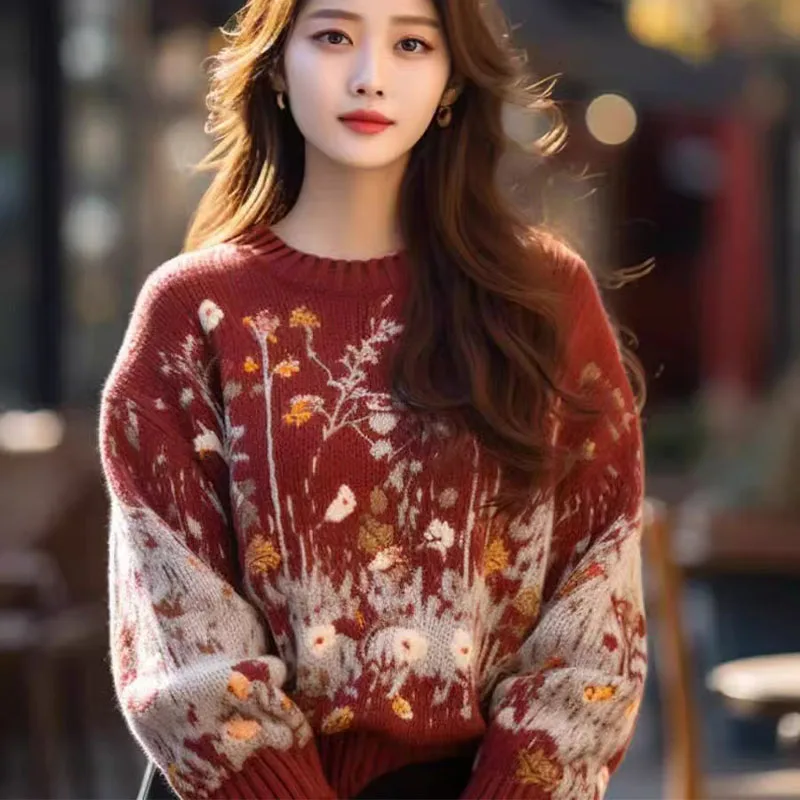 

Autumn And Winter New Retro Age-Reducing Red Sweater Women Loose Pullover Contrast Color Sweater Joker