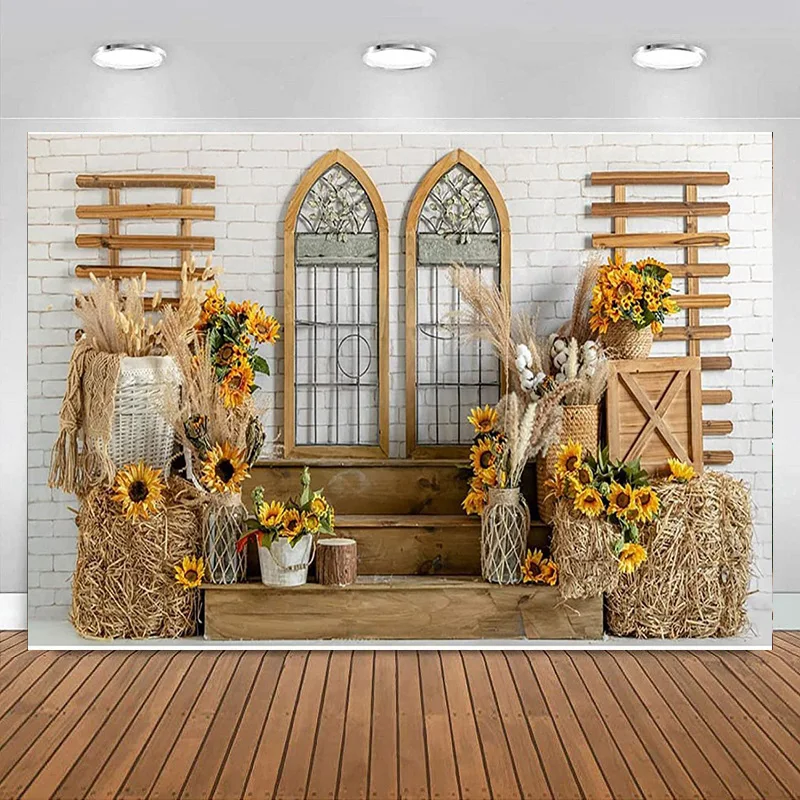 Thanksgiving Day Party Autumn Sunflowers Backdrops for Photography Wheat Ears Haystack Banner Background Fall Harvest Decoration