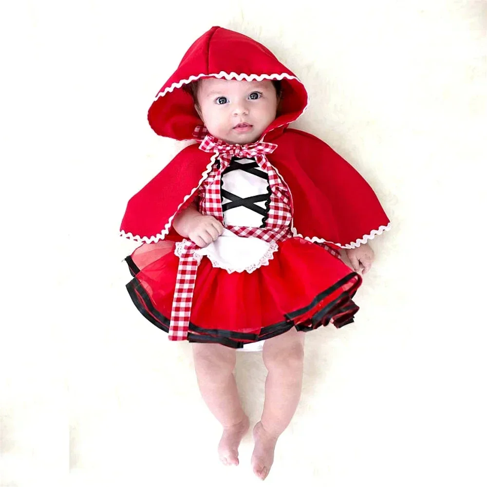 Newborn Baby Girls Tutu Dress + Cape Cloak Outfit Little Red Riding Hood Cosplay Photo Prop Costume Party Dresses Baby Clothings