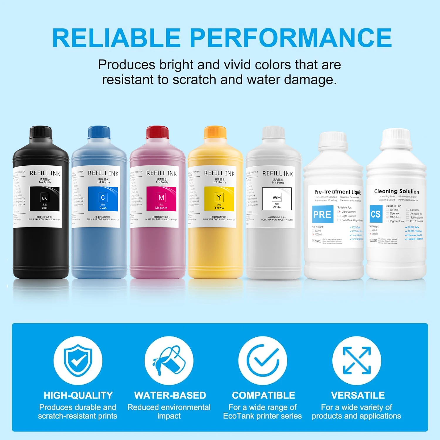5Colors 1000ML DTG Ink Direct to Garment Printing Ink For XP600 TX800 1390 L800 L805 L1800 DX5 DX7 R1900 R2000 F2000 F2100 F2200
