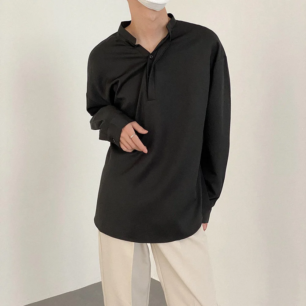 Mens Long Sleeve Shirts Simple Solid Color Design Niche Henley Collar Personality Daily Casual Versatile Tops 2024 Autumn Trend