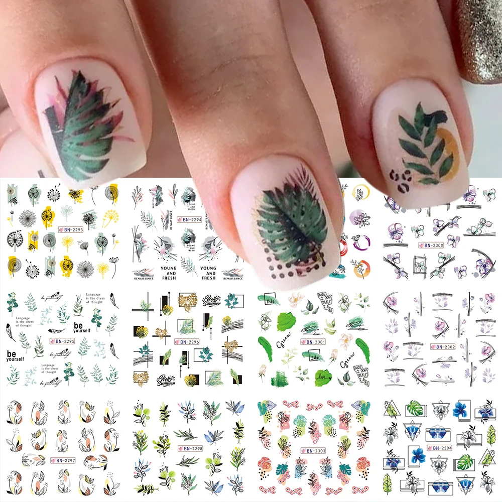 Summer Neon Black Leaf Nail Stickers Watercolor Flowers Nail Water Decals Set Sliders Manicure Tattoos GLBN2293-2304