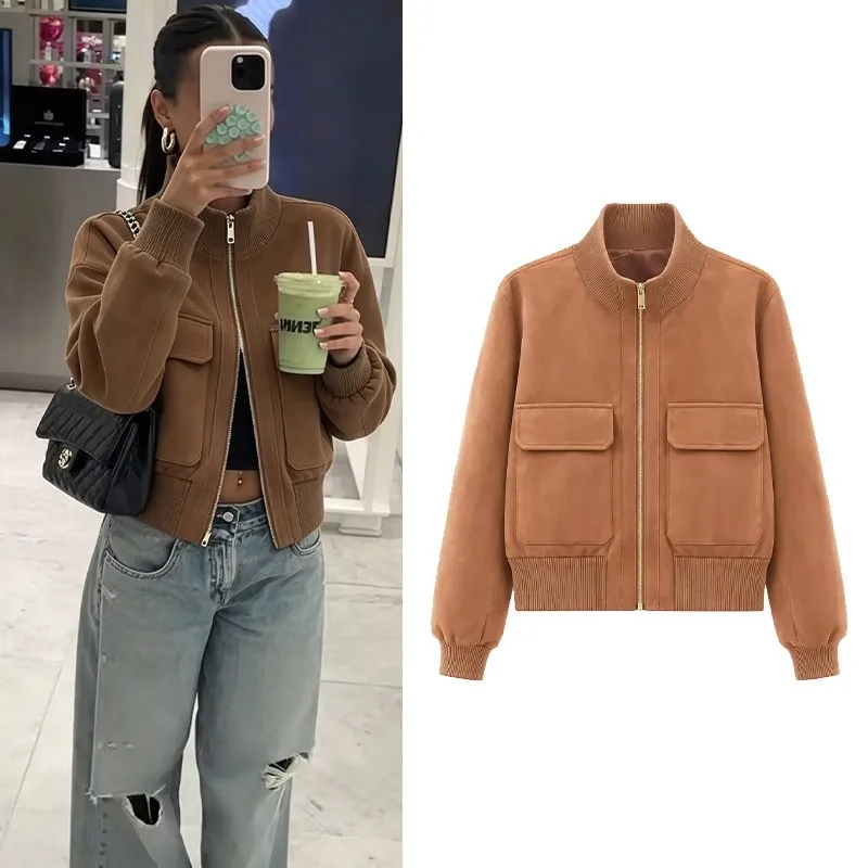 HipSeam Women's Faux Suede Bomber Jacket New 2026 Autumn High-Neck Long Sleeve Women Winter Jacket With Robbed Hem Female Coats