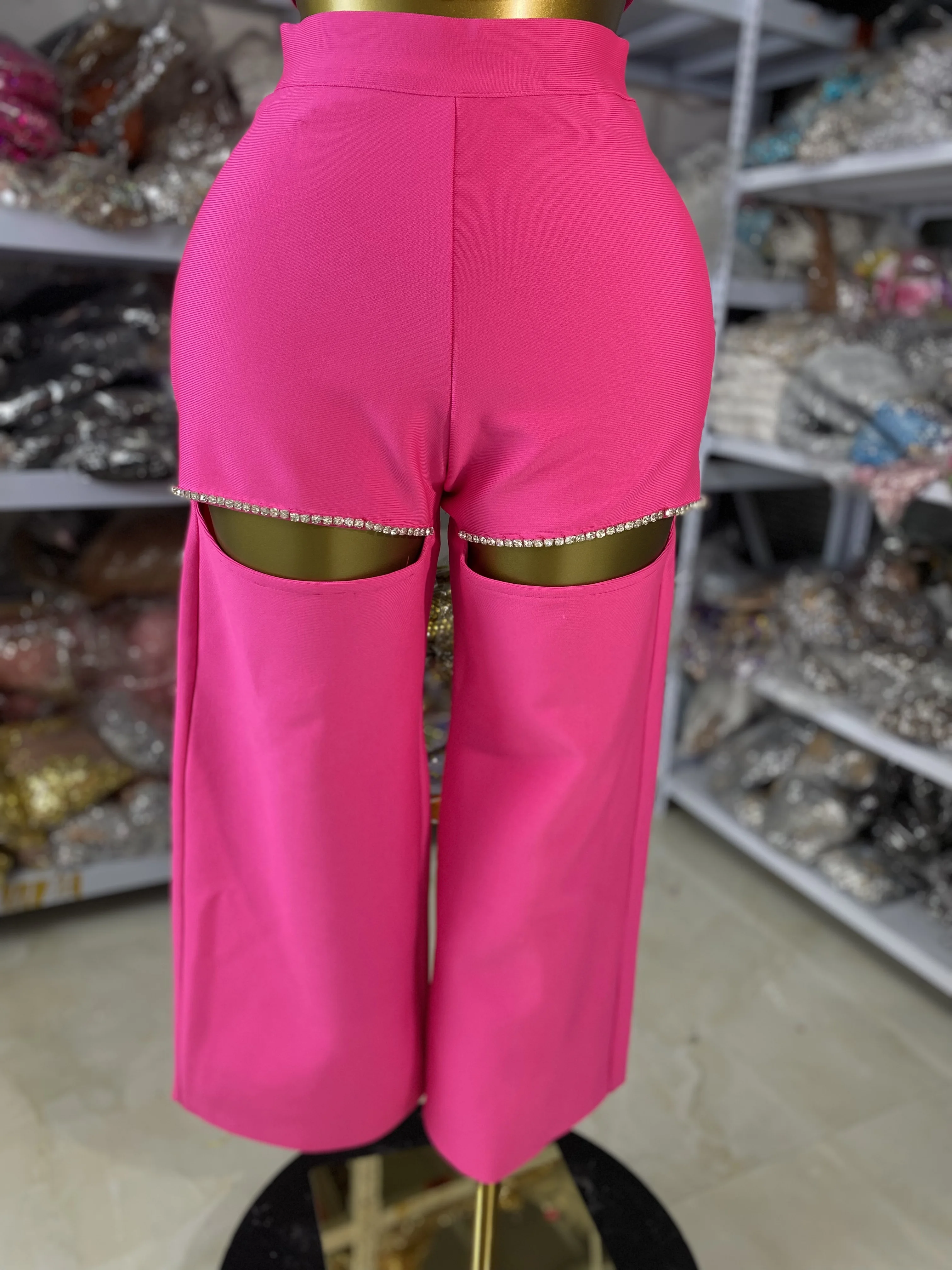 Fábrica atacado feminino hotpink bandage outfits tubo de cristal superior e calças casuais de malha duas peças define festa do clube à noite