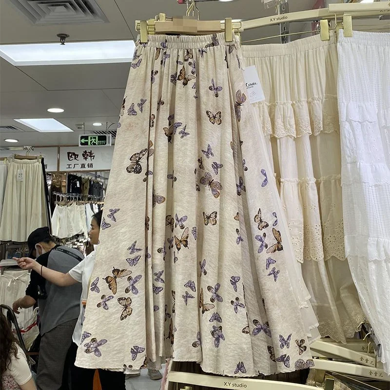 Women's Beige Butterfly Print High Waist Maxi Skirt Elastic Waist Loose A-Line Casual Long Skirt