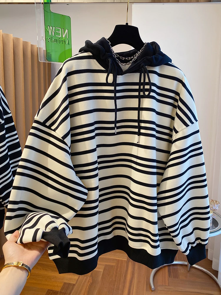 Oversize Casual Zebra Stripe Hoodie Women's plus Size Winter Clothes Meat Covering Loose Fit Long Sve Printed Sweatirt