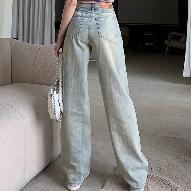 Retro Distressed Wide Leg Jeans Voor Dames Nieuwe Lente/Zomer Hoge Taille Losse Slanke Broek Met Rechte Pijpen Minimalistische Blauwe Jeans