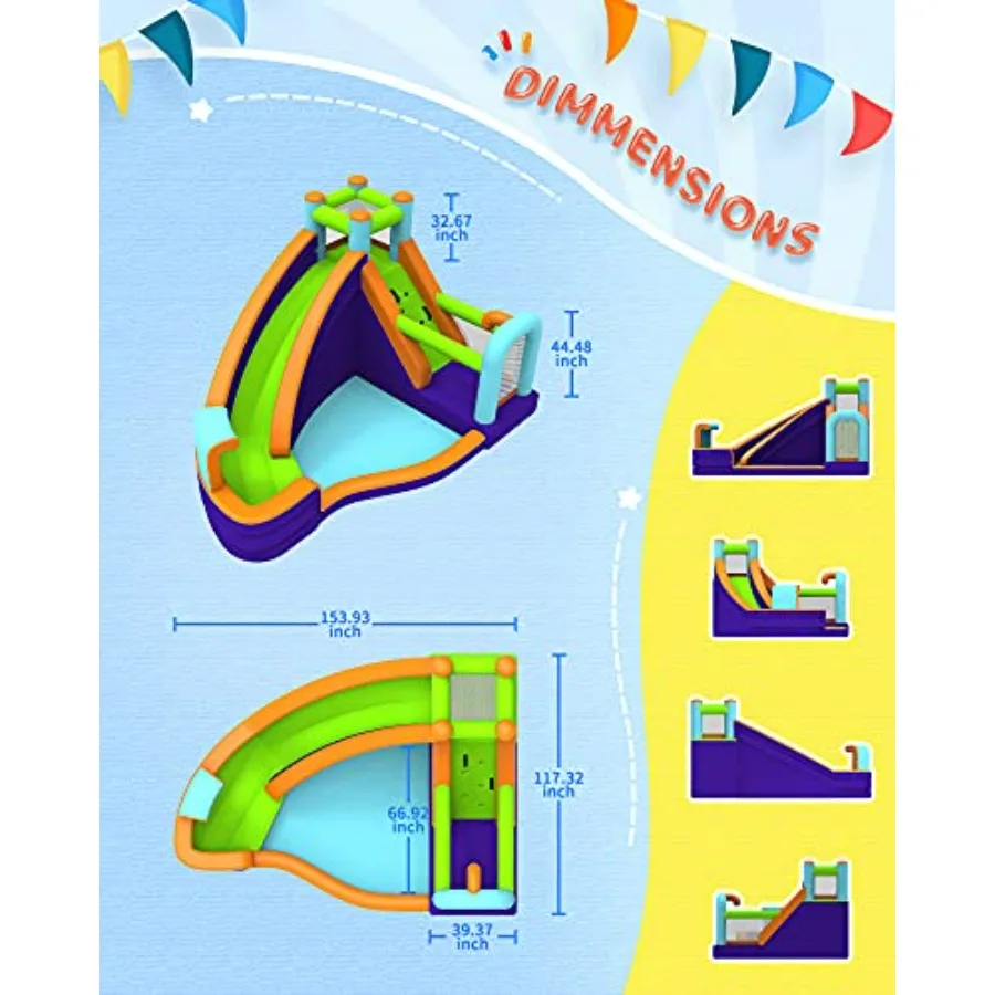Inflatable Waterslide for backyard use, PVC material, blue and yellow color, dual wet/dry functionality with integrated air blo