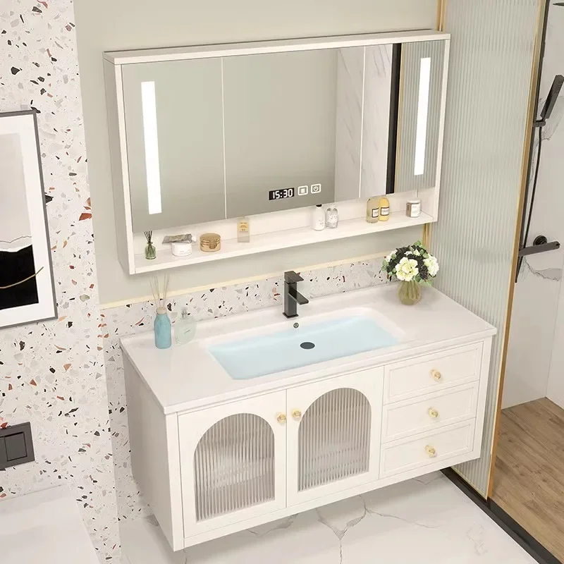 French Bathroom Cabinet Combination Oak Intelligent Mirror Sink White Washbasin Ceramic Integrated Light Luxury Furniture