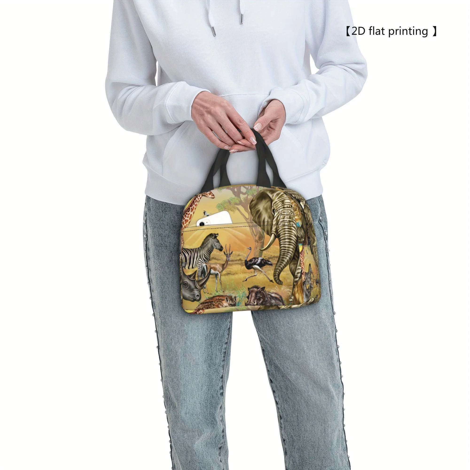 1pc African Wildlife Print Insulated Cooler Bag - Portable Reusable Lunch Tote with Top Handles, 2D Flat Printing Zebra Elephant