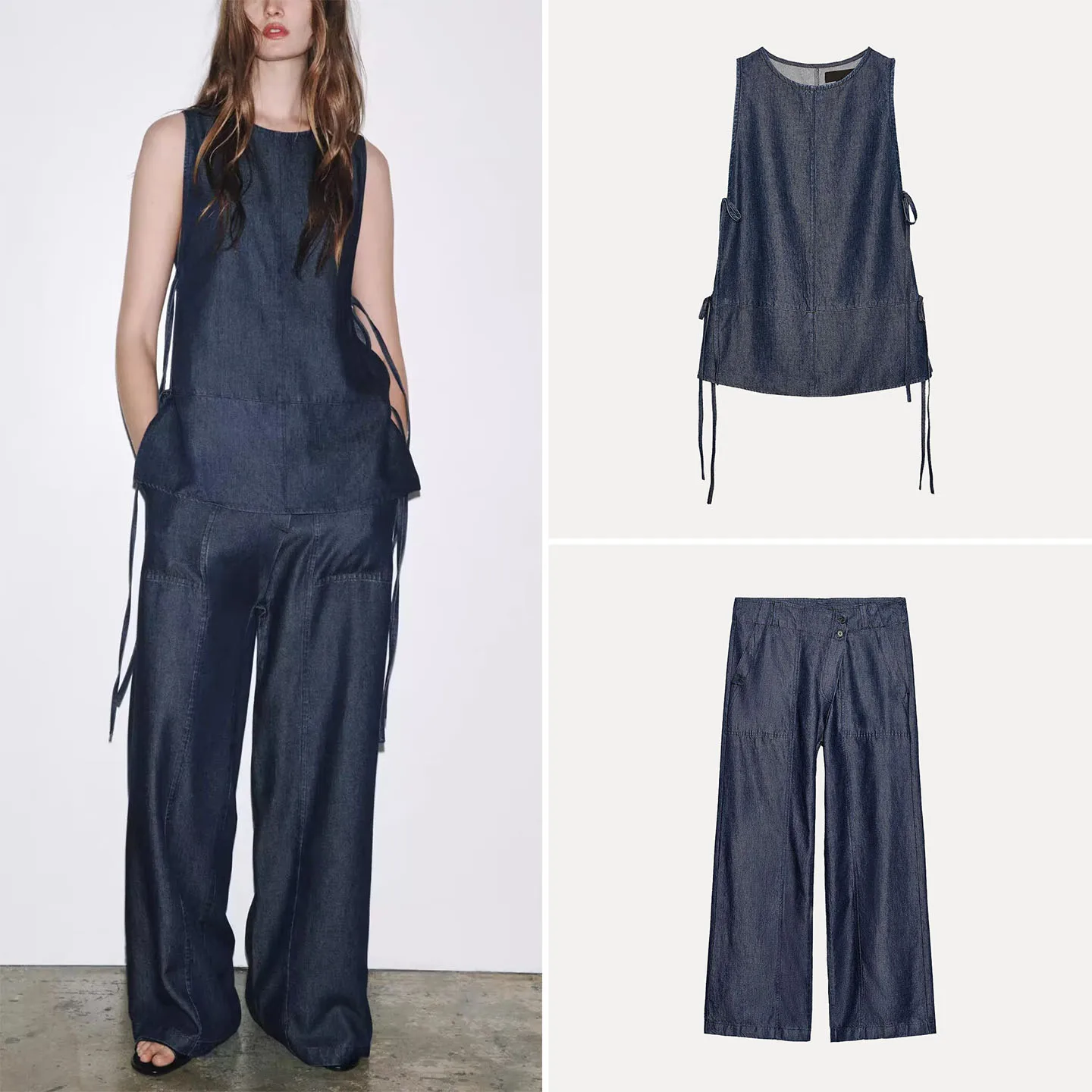 

Женский модный комплект Z, осенний сезон 2021, джинсовый топ и брюки, украшенный узлом, одежда для четырех сезонов, одежда для взрослых, женские сле