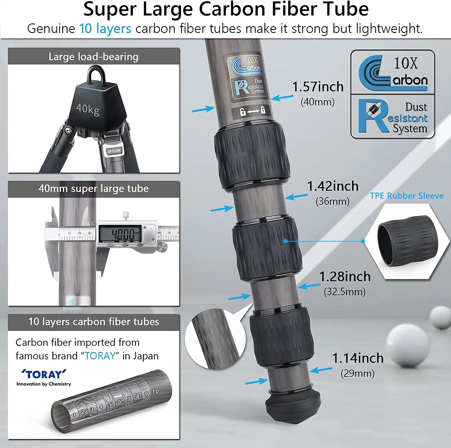 Imagem -04 - Tripé de Fibra de Carbono para Câmera de Telefone Resistente Tripé de Carbono Dslr Câmera Suporte Bola Cabeça Carga Máxima 40kg 88lbs As95c Profissional