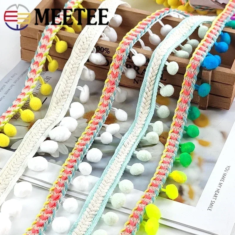 2Yards Meetee Pom Trim Ball Fringe Ribbon Beige White Tassel Lace Knitted Fabric Beaded Handmade Craft Decor Sewing Accessories