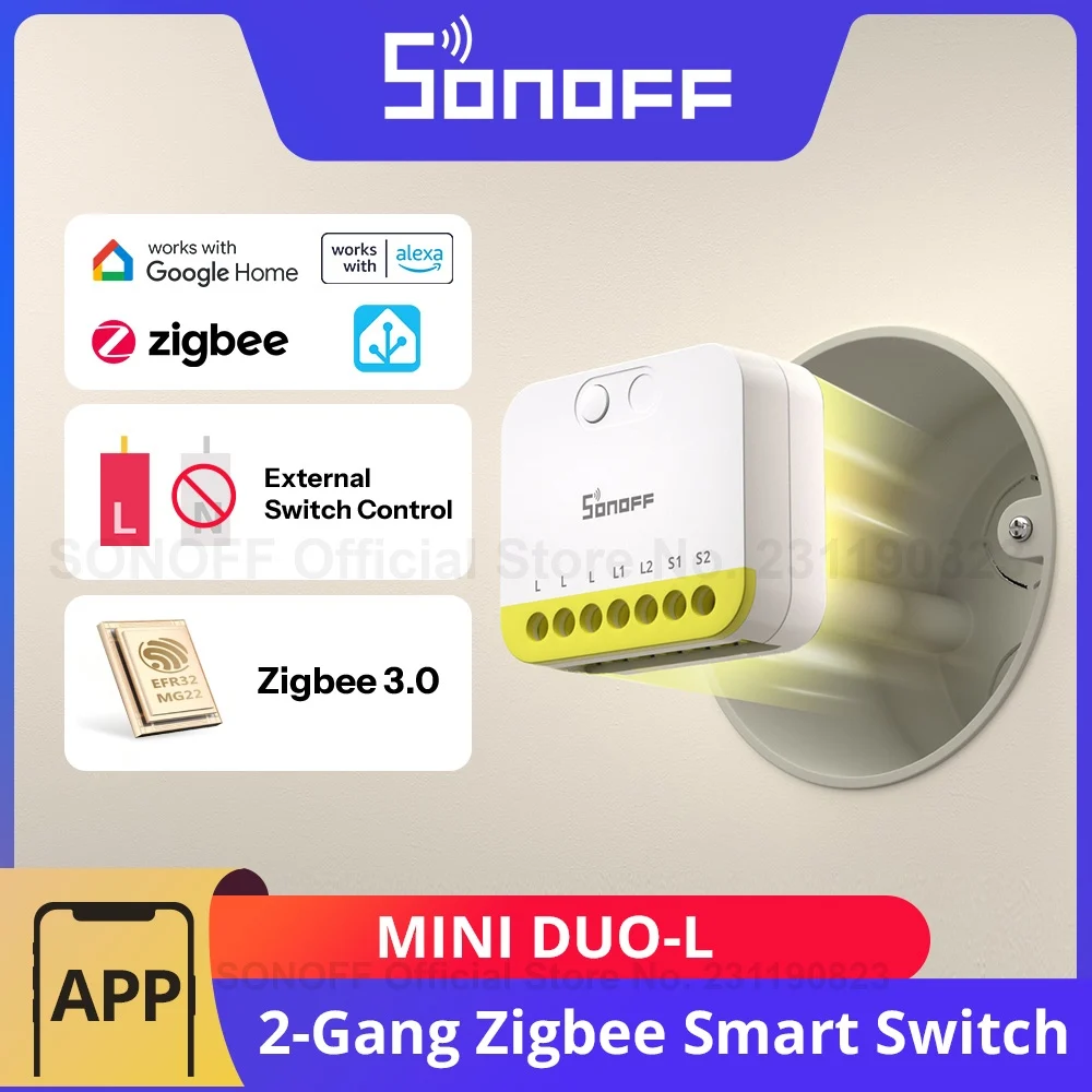 SONOFF MINI DUO-L commutateur intelligent Zigbee à 2 gangs MINI-ZB2GS-L aucun fil neutre requis contrôle de commutateur externe double canal plus petit