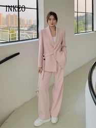 Large size Women Design Blazer and pants Elegant Pink Long sleeve Sashes jacket Office lady 2 Piece set 2023 Autumn INKEO 3O080