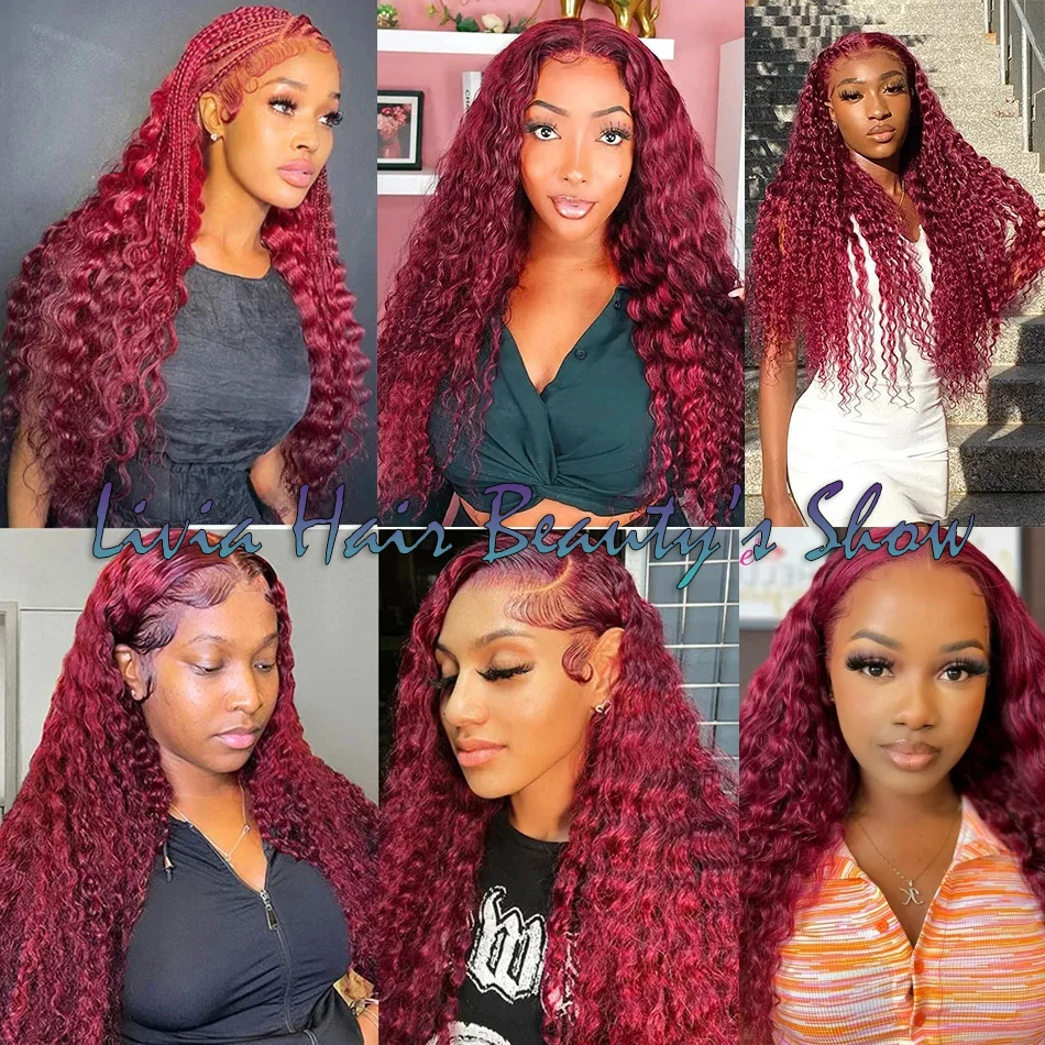 Wig 13x4 renda keriting dalam 99J Burgundy rambut manusia depan renda gelombang dalam Wig berwarna merah rambut manusia rambut Brasil