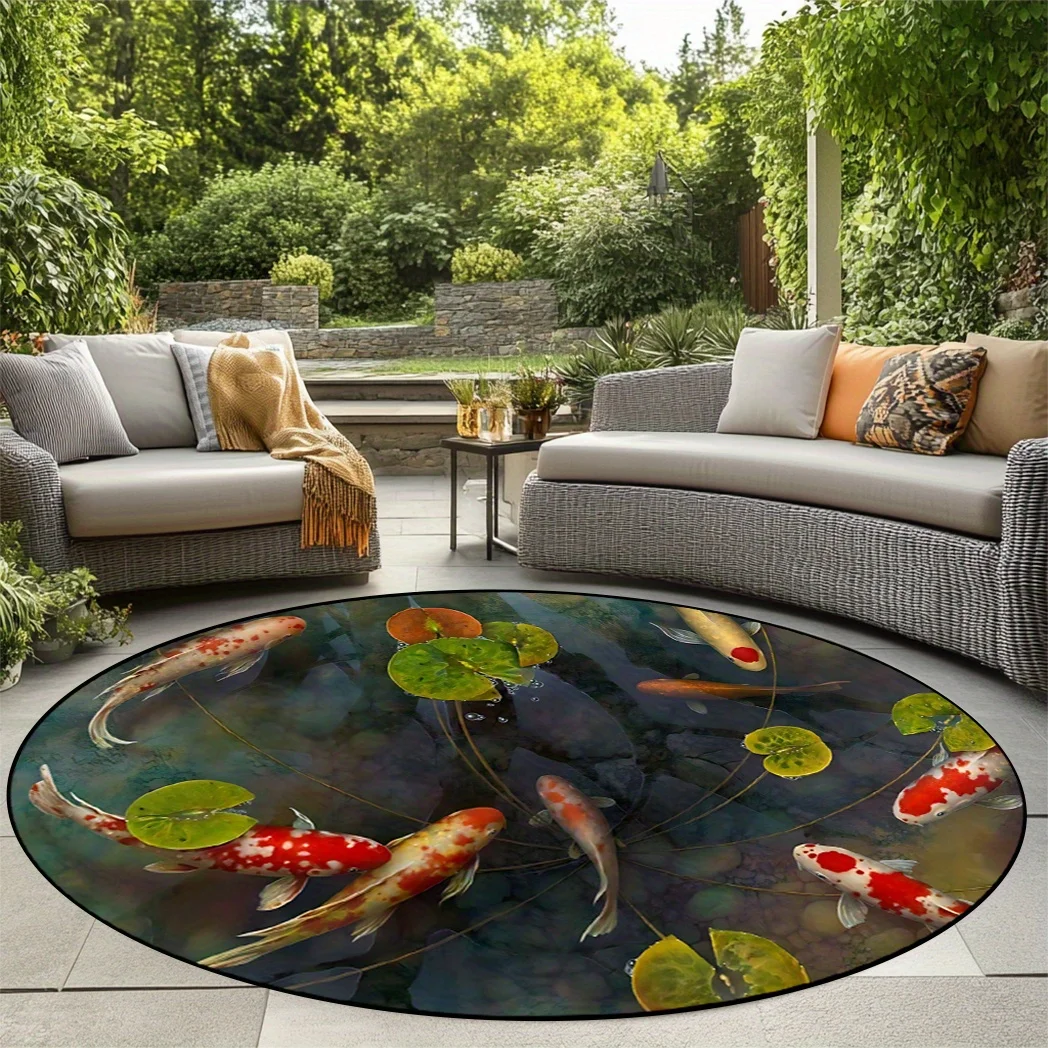 Koi Fish Pond Round Rug Flannel Printed Carpet Nature Theme Home Decor Cozy Soft Floor Mat Outdoor Indoor Use