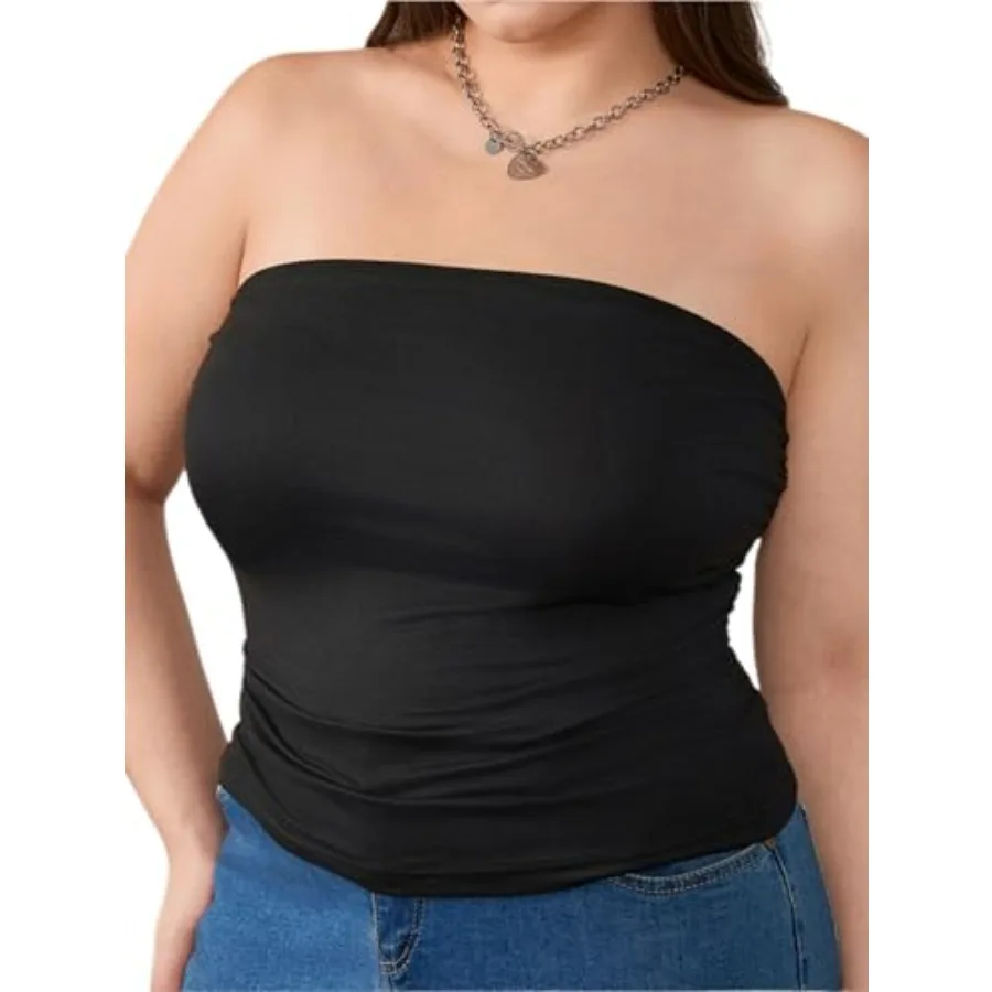 

WDIRARA Women's Plus Size Strapless Ruched Crop Tube Tops Summer Slim Fit Sleeveless Bandeau Top