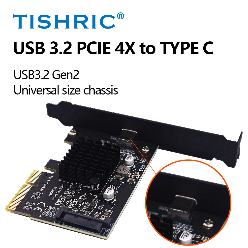 

TISHRIC USB 3.2 PCIE 4X To Type C Gen2 Карта расширения 20 Гбит/с USB 3.2 PCIE Карта адаптера PCI Express 4X 8X 16X ASM3242 Контроллер