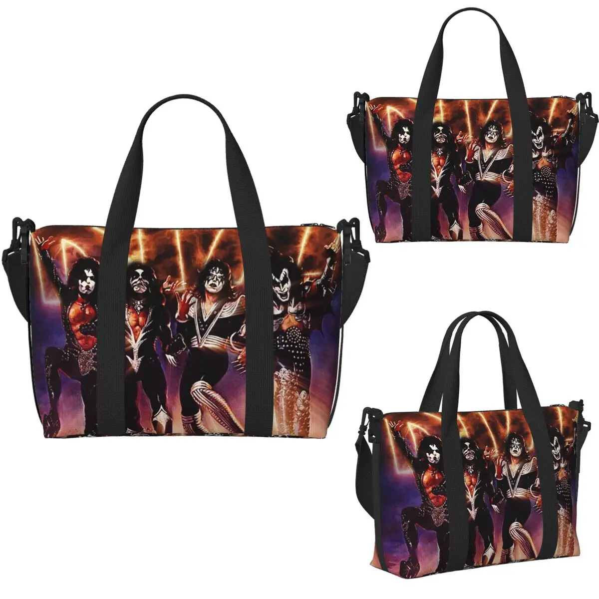 KISS The Band – Destroyer Fire Log Strand-Reisetasche, große Kapazität, Tragetaschen für Fitnessstudio, Sport, Frauen, Einkaufen, Reisetasche, Umhängetasche