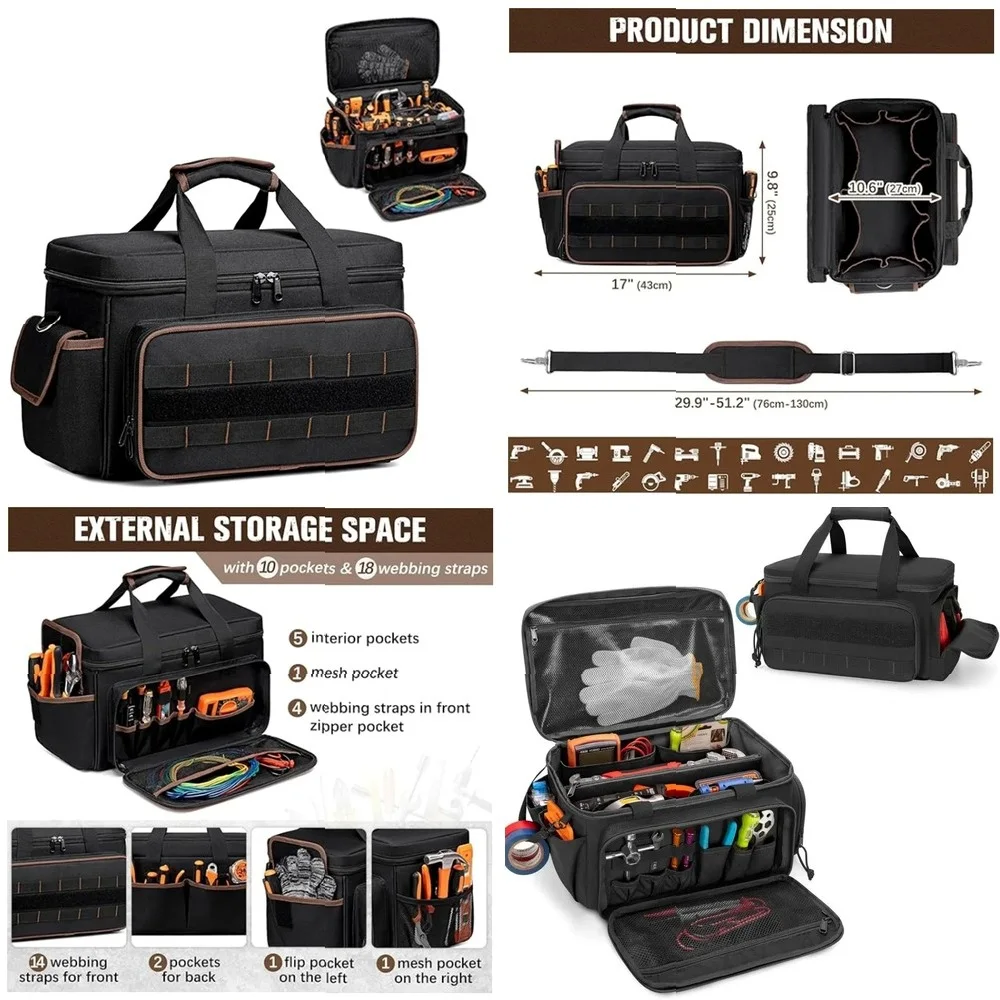 

17" Large Capacity Tool Bag with Pockets, Portable Wide Mouth Tool Pouch with Shoulder Strap for Electrician & Mechanics
