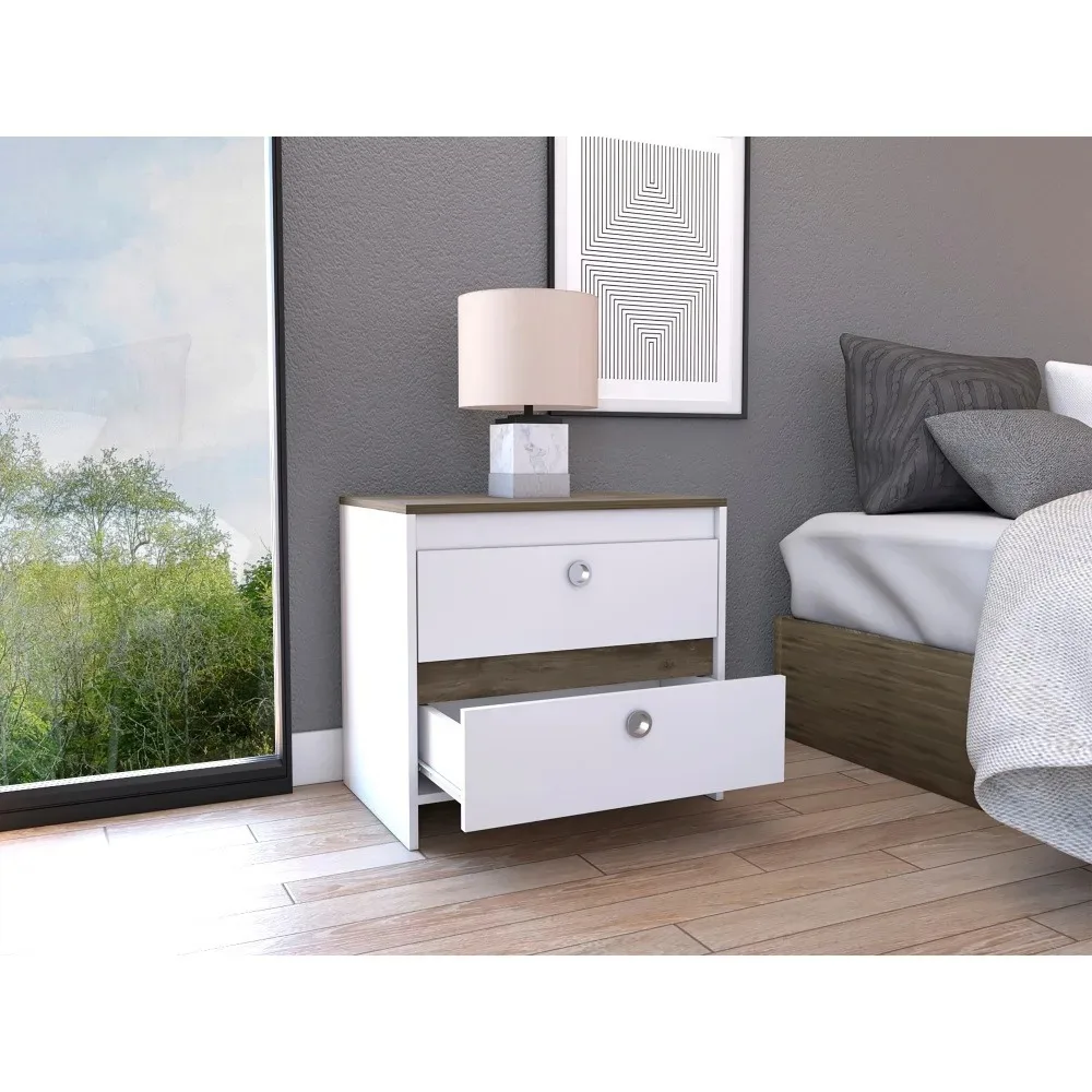 Bedroom Nightstand , End Table, Side Table Superior Top, Two Drawers -White / Dark Brown Nightstands Bedroom Furniture