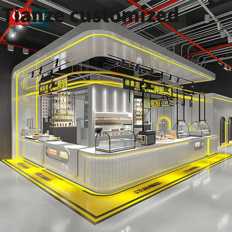 

Customized-high end display coffee shop business coffee shop design yellow LED light bubble tea counter coffee bar kiosk