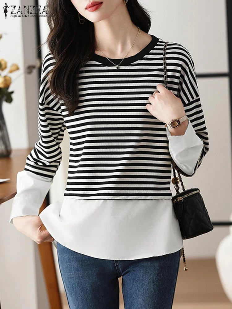 Zanzea feminino listra impresso blusas casuais solto manga longa topos elegante o pescoço simples blusa moda costura 2024 outono t