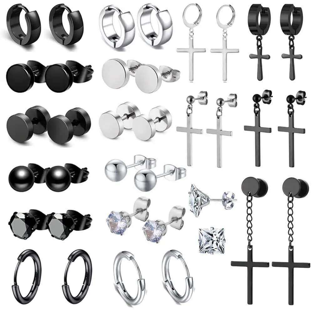 Unisex  Stainless Steel Black Stud Earrings Men's Punk Earring Set Gothic Rock Hiphop Hoop Circle Earring