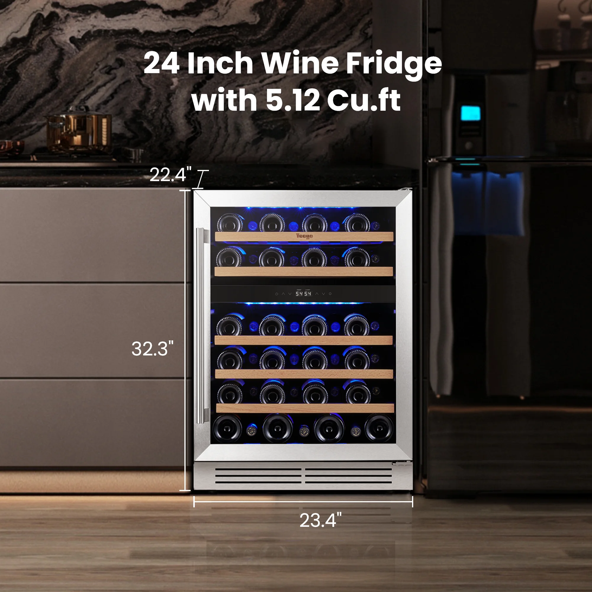 Yeego 24" Dual Zone Wine Cooler - 47Bottle Compressor Cooling, Steel Glass Door, Quiet Built-in/Free Standing for Home & Bar