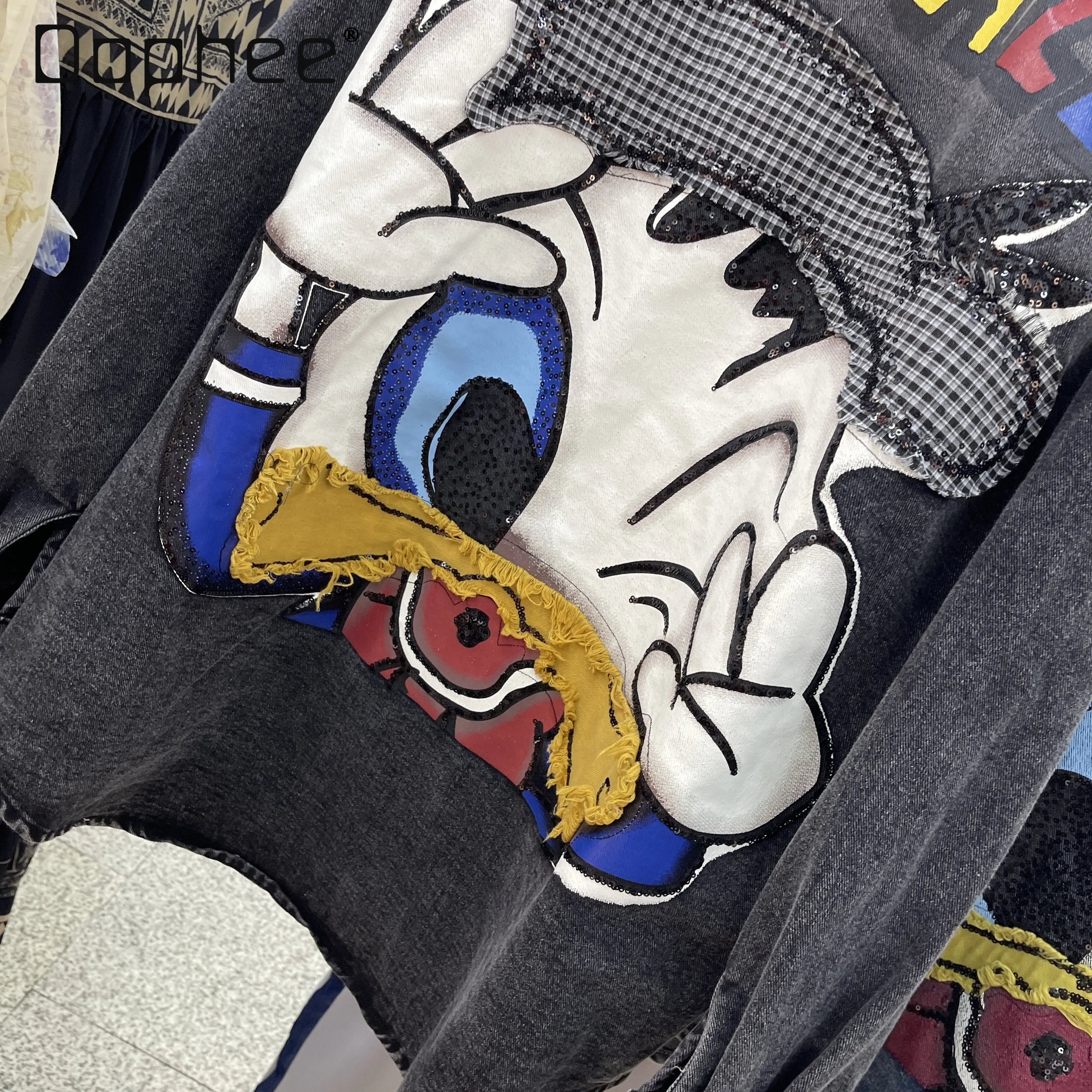 

Trendy Brand Heavy Button Washed Cotton Cartoon Print Sequin Jacket Drop Shoulder Sleeve Korean Version Top Denim Jacket Women