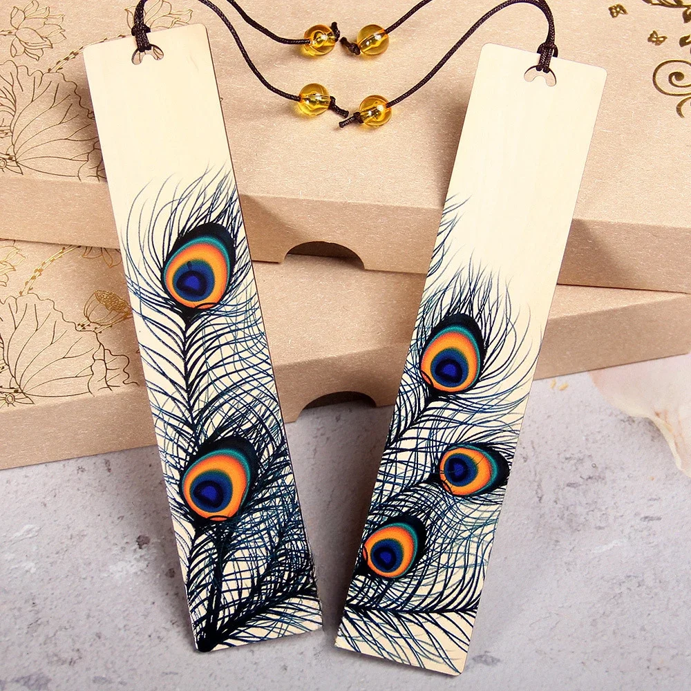 

Painted Peacock Feather Bookmarks Creative Wooden Bookmark Durable Aesthetic Stationery Couple Reading Accessories Page Holder